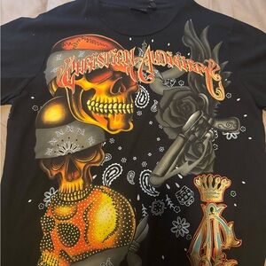 Christian Audigier Black Tee with Orange and Gold Skull Design XXL fits like a L